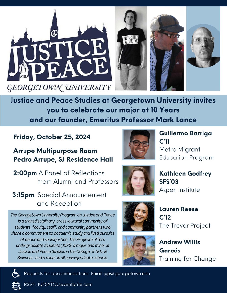Join us in celebrating 10 years of the Justice and Peace Studies Major! 🎉✨ We’ll hear from amazing JUPS alumni as they share their experiences, and we’ll be honoring Emeritus Professor Mark Lance for his lasting impact on the program. You won’t want to miss it!