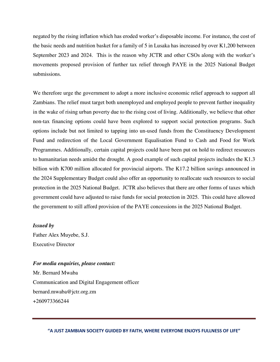 JctrOrg's tweet image. PRESS RELEASE: Call for Inclusive Economic Relief

As the cost of living continues to rise, JCTR expresses deep concern for both employed &amp;amp;unemployed Zambians. While Social Cash Transfers support the vulnerable, formal workers in lower PAYE categories, are struggling to keep up.