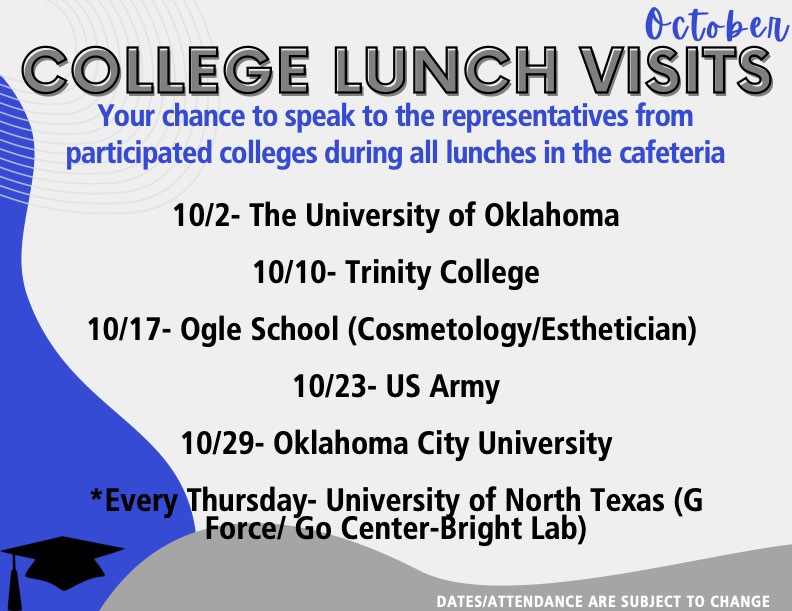 Save the Date to visit with these universities during lunch! SENIORS, if you need help with filling out college applications to ANY university, visit the GO CENTER in the library Bright Lab every Thursday! <a href="/SeniorsHebron/">Hebron Seniors</a>