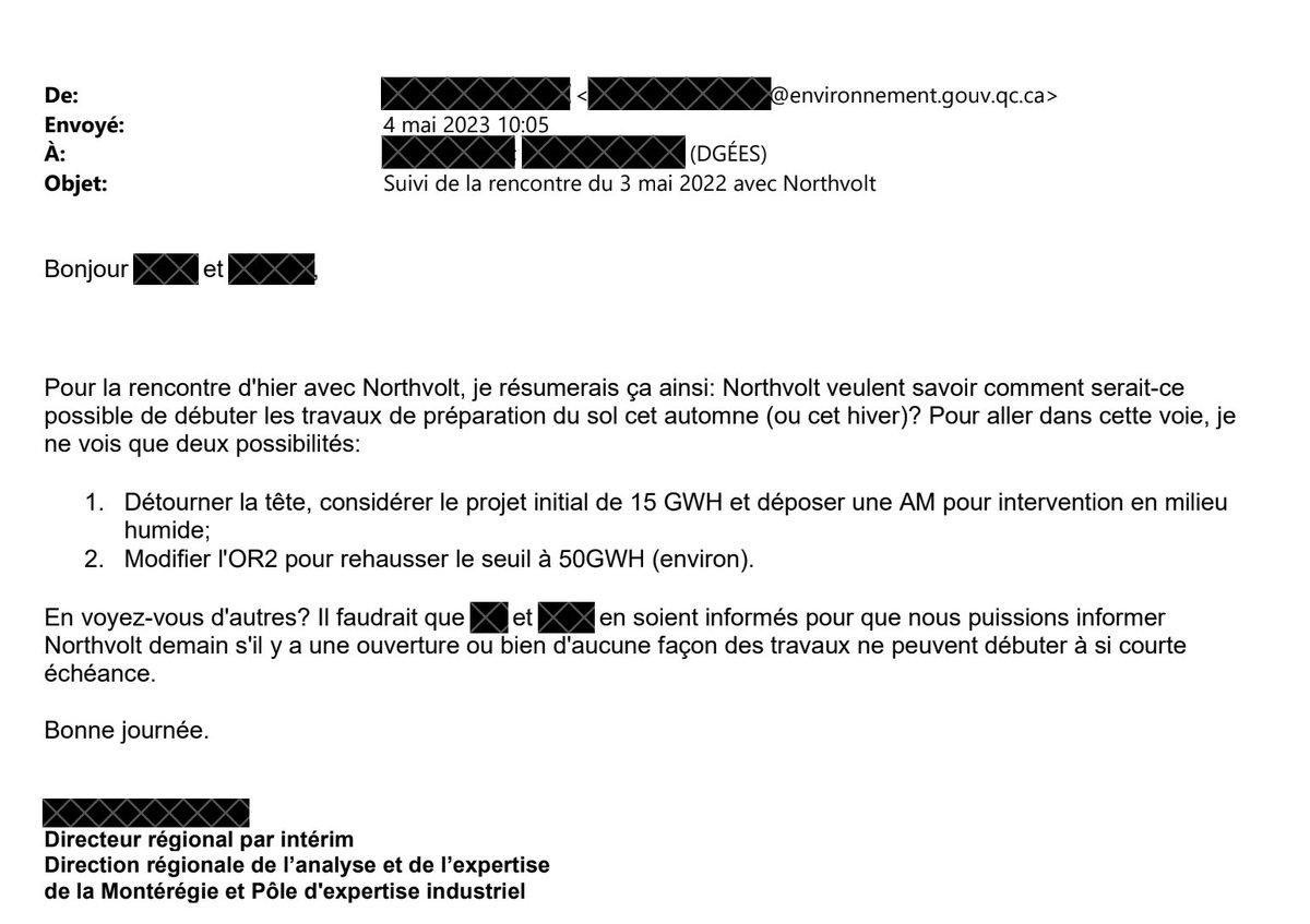 1/3 - Northvolt: des documents obtenus par le <a href="/_CQDE/">CQDE</a> et déposés en Cour font état de discussions avec l'entreprise. En mai 2023, un directeur régional du MELCCFP expose ainsi la situation pour permettre à Northvolt de débuter rapidement son projet: