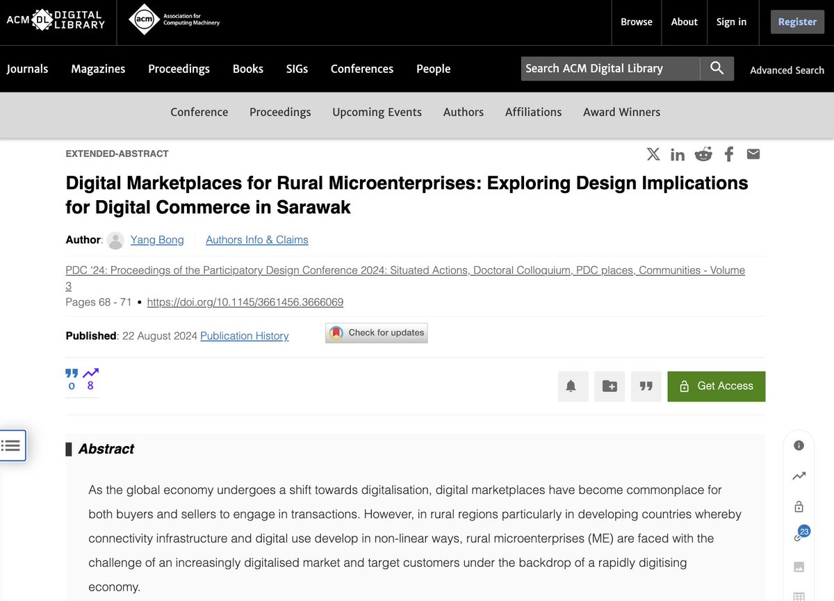 Yang_The_Bong's tweet photo. I am excited to share 2 papers published at #PDC24 that explores the reimagining of digital marketplaces with rural micro-entrepreneurs, amplifying their perspectives in moving towards a more equitable, inclusive and, as Escobar termed, pluriversal empowerment. https://t.co/vP5Vwnlhcn