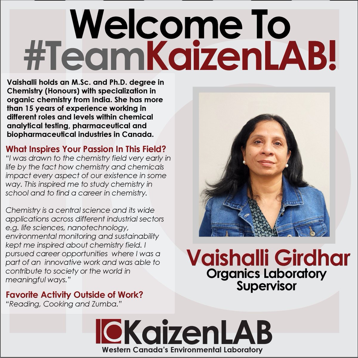 kaizenlabinc's tweet photo. As we welcome a new month, we also welcome a new Team Member! Meet Vaishalli Girdhar, #TeamKaizenLAB's new Organics Laboratory Supervisor! Please send a warm Welcome to Vaishalli and learn more about her in today's bio!
#Hello #Welcome #ProudlyAlbertan #EnvironmentalLAB #YYC https://t.co/2dqQGDFWwC