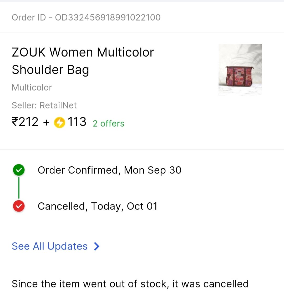 Devendra_bxr's tweet photo. Dear all #FlipkartBigBillionDays2024 Just like a scam because i have ordered yesterday a zouk bag  bt #Flipkart are cancelled my order because zouk bag out of stock bt i have search zouk bag in flipkart platform they are also available here. @PMOIndia @Flipkart @flipkartsupport https://t.co/wtlTvS8s19