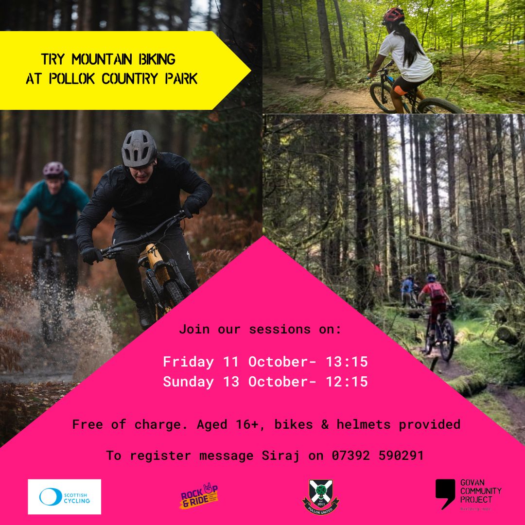 Govan Community Project 🧡 (@govancp) on Twitter photo Try mountain biking in Pollok Country Park. We provide the bikes and helmets. Aged 16+ only
Friday 11 Oct - 1.15pm
Sunday 13 Oct- 12.15pm
Message Siraj to register- 07392 590291
<a href="/PollokUtdS_A/">Pollok United</a> <a href="/ScottishCycling/">Scottish Cycling</a> Try mountain biking in Pollok Country Park. We provide the bikes and helmets. Aged 16+ only
Friday 11 Oct - 1.15pm
Sunday 13 Oct- 12.15pm
Message Siraj to register- 07392 590291
<a href="/PollokUtdS_A/">Pollok United</a> <a href="/ScottishCycling/">Scottish Cycling</a>