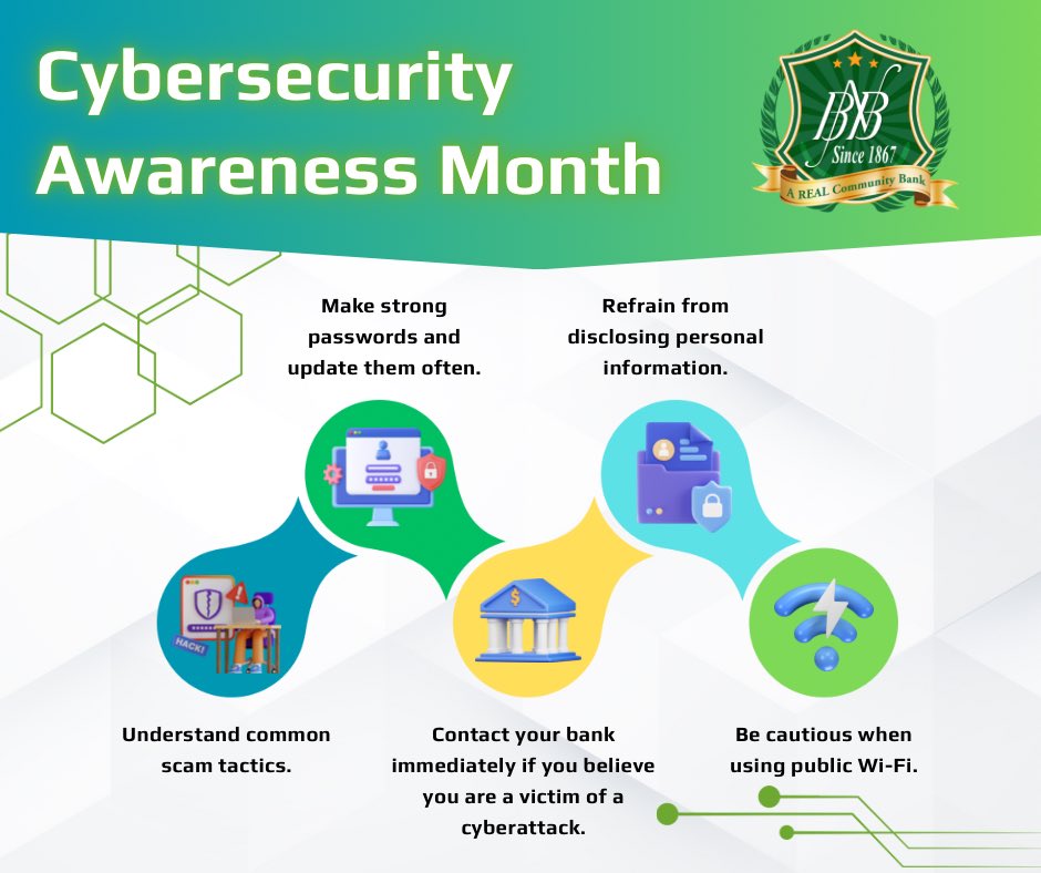BNB1867's tweet photo. October is National Cybersecurity Awareness Month!📱💻 Here are a few helpful tips to avoid cyberattacks and keep your information safe! https://t.co/FlzIGfk0zb