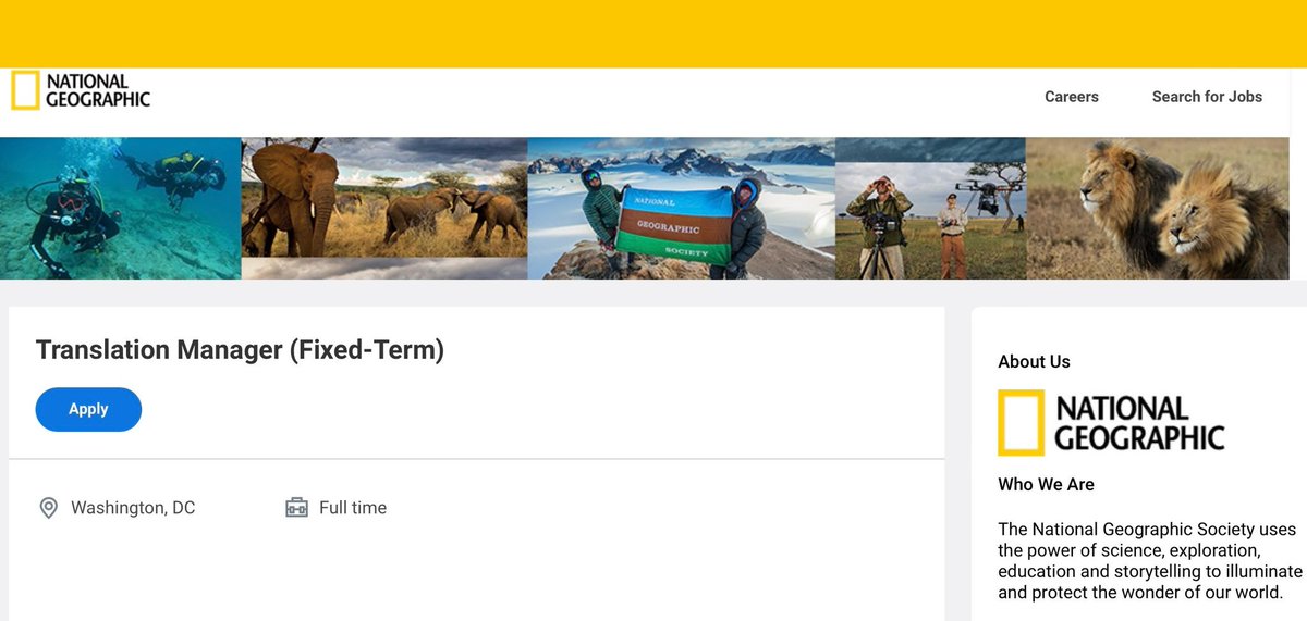 navarrotradmed's tweet photo. Job Offer < @UweMuegge

     Translation Manager [EN-ES]

Washington, DC🇺🇸: @NatGeo
Annual salary: USD 80 700 - 85 000 💵
Info: https://t.co/8AmyONuBIG https://t.co/Q91qAUl3JW