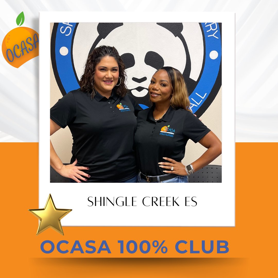 Please welcome the great Shing Creek Elementary School to the OCASA 100% Club! Principal Farah Henderson and Assistant Principal Charlene Barbieri are proud to represent Panda Nation!