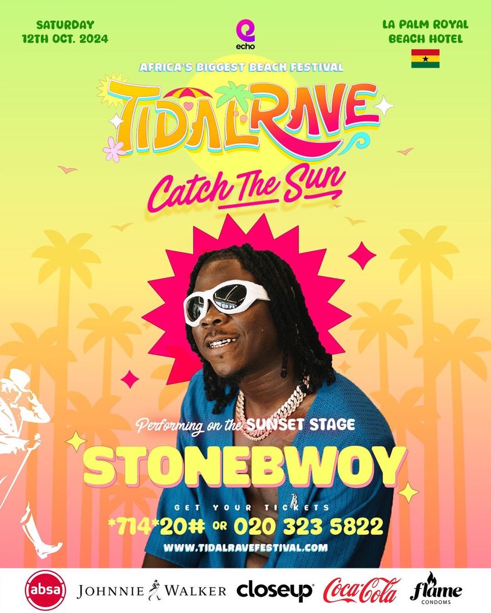 Simatwasthere's tweet photo. Itโs official! Efo 800 @stonebwoy to perform on the sunset stage at the biggest beach festival in Africa ( Tidal Rave 24!! ) grab your tickets now letโs party on the
๐๏ธ 12/10/24
๐La Palm Royal Beach Accra
@tidalravefest @AbsaGhana #AbsaGhana #AbsaIgnition #MGHyper๐ https://t.co/slp9pnbtqH