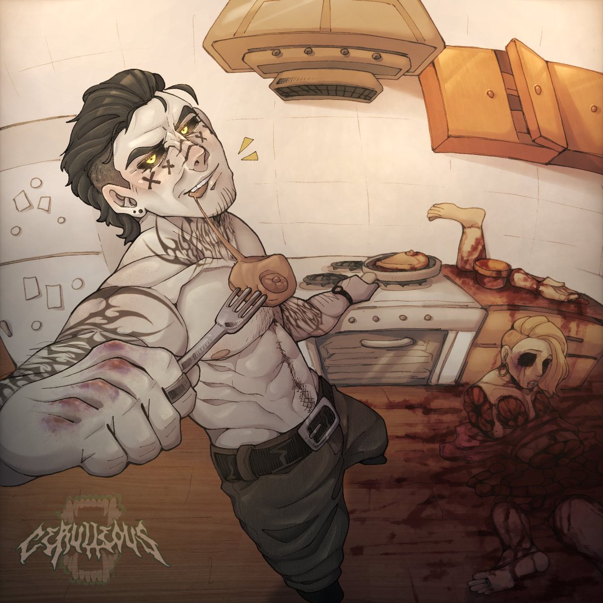 cerulleous's tweet photo. Day 1 - Cannibalism.
Featuring my degenerate OC; Norman. Keep in mind that I might use him a lot for this. 👹

Excuse the awful background HDGNH I'm still trying to get used to drawing it. 
#ArtistOnTwitter #goretober #oc https://t.co/Rp3Qwo2uez
