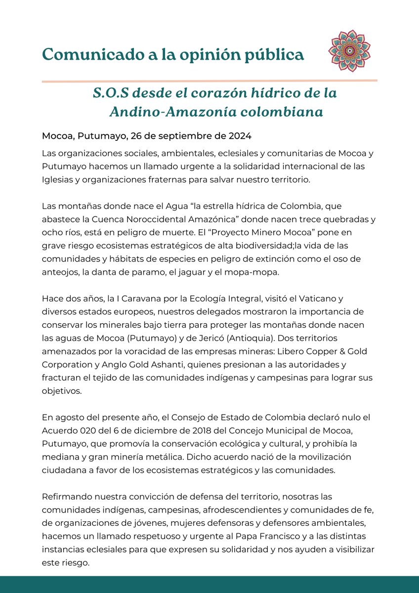 PaxChristiLAC's tweet photo. Nos solidarizamos con comunidades de Mocoa y Putumayo en #Colombia, exigen cuidado, protección y defensa de ríos y montañas de la Andino-Amazonía. 

No permitamos #FalsasSoluciones en la #TransiciónEnergética. #ConversiónEcológica es #BuenVivir en los territorios #QueridaAmazonia https://t.co/e9wlXXR5eM