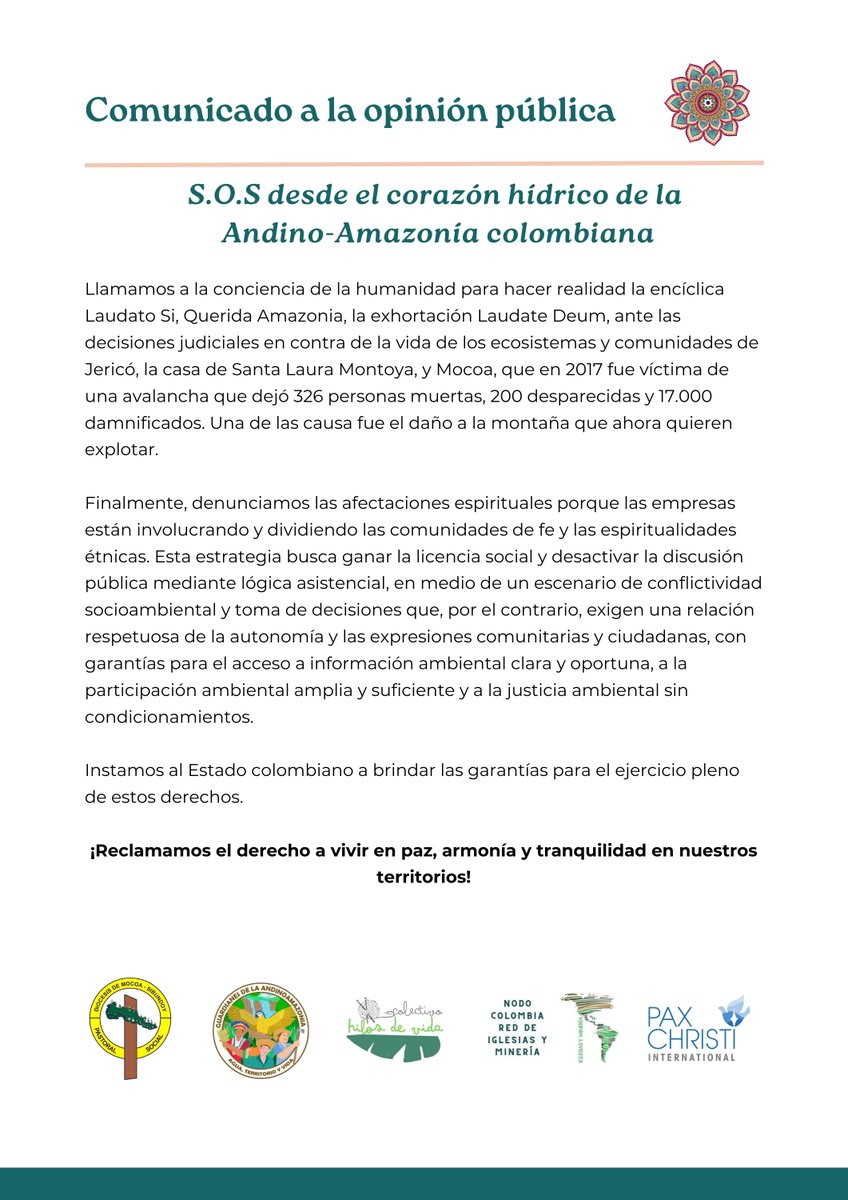 PaxChristiLAC's tweet photo. Nos solidarizamos con comunidades de Mocoa y Putumayo en #Colombia, exigen cuidado, protección y defensa de ríos y montañas de la Andino-Amazonía. 

No permitamos #FalsasSoluciones en la #TransiciónEnergética. #ConversiónEcológica es #BuenVivir en los territorios #QueridaAmazonia https://t.co/e9wlXXR5eM