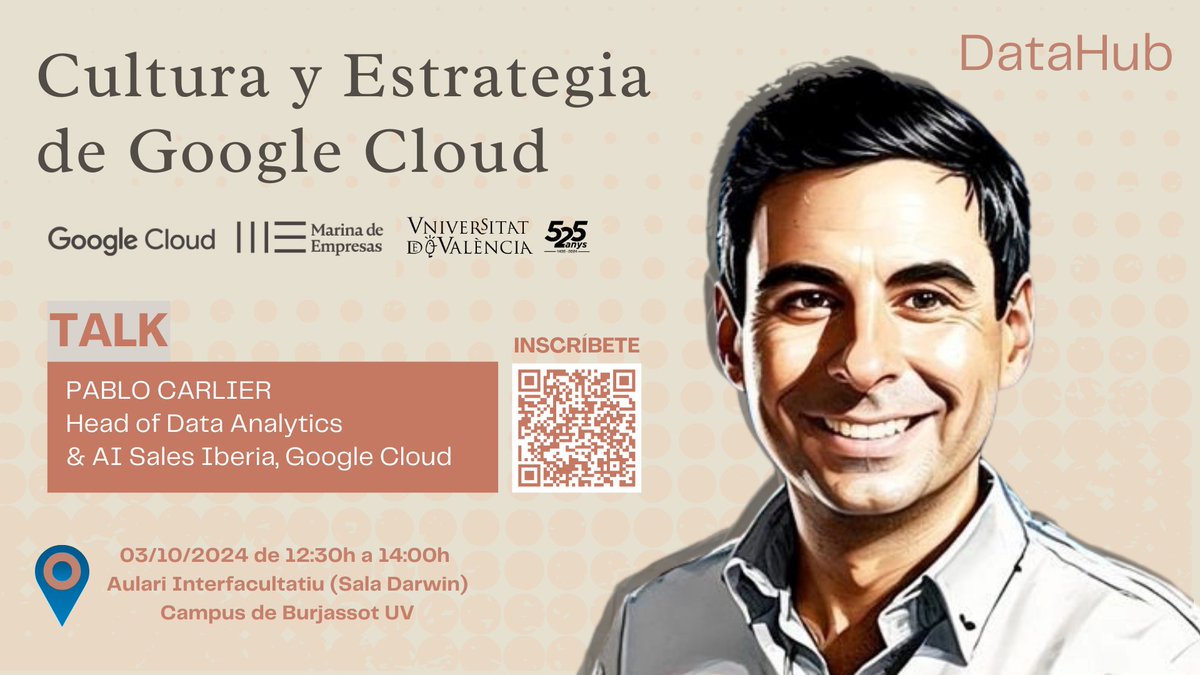 En la Darwin jueves 3 a las 12:30, El HDA&amp;AI de GOOGLE CLOUD Pablo Carlier, nos hace una charla muy recomendable. Nos propondrá un reto, ¿querrás participar?
Inscríbete en:
marinadeempresas.es/cultura-y-estr…
