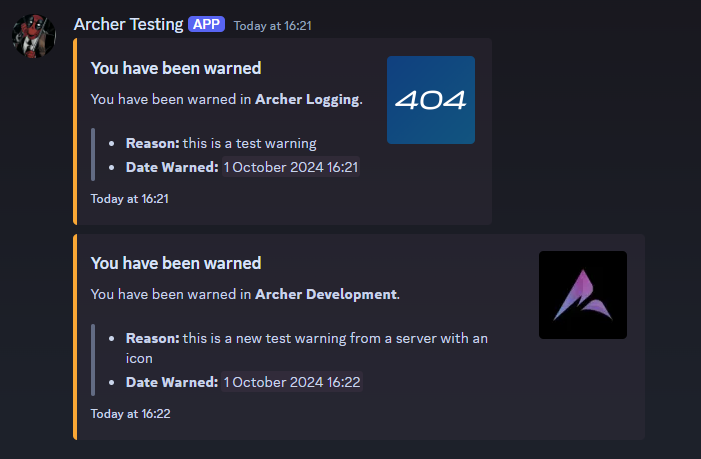 asec_dev's tweet photo. In the next version of Archer, we will be bringing server icons to the warn message that the member will see when. If a server doesn't have their own icon then the thumbnail will show a 404 image.

#updates #archer #botdevelopment ]#discord https://t.co/8k0Xy8WbMb