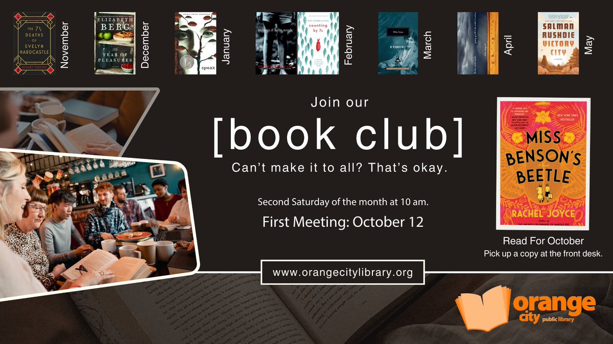 Read this charming story, Miss Benson's Beetle, and come discuss with us on October 12 at 10am. Books available at the front desk of the Orange City Library.
orangecitylibrary.org/event/book-clu…
