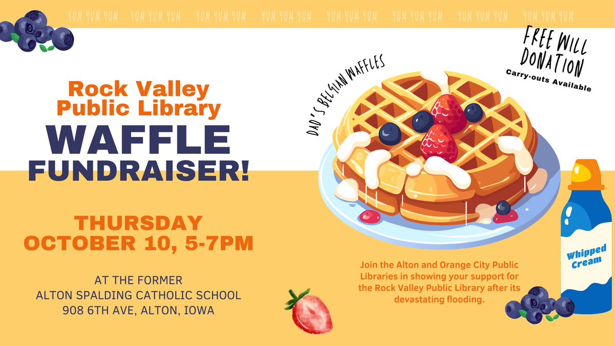 Eat waffles, support the rebuilding of Rock Valley Public Library. It's a win/win!
orangecitylibrary.org/event/dads-bel…