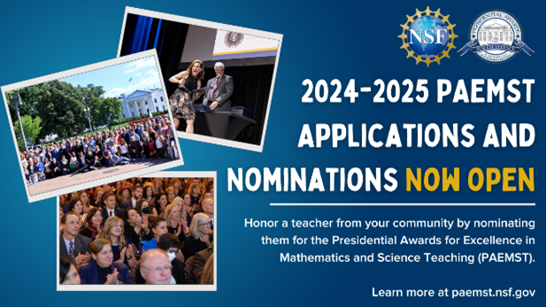 Calling all 7th-12th grade STEM teachers: Applications and nominations for the Presidential Awards for Excellence in Mathematics and Science Teaching (#PAEMST) are NOW OPEN! Don’t miss your opportunity to be recognized. Nominate a teacher or apply, today! bit.ly/4dwjAfU
