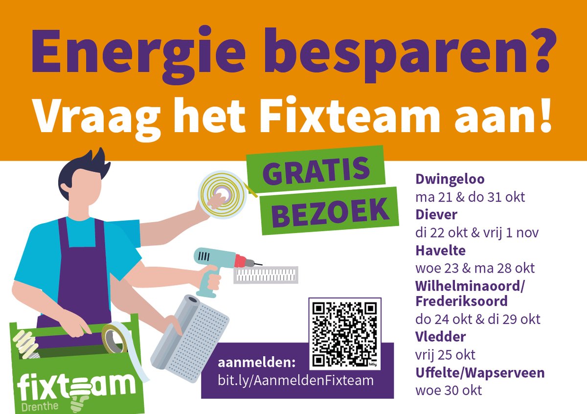 gem_westerveld's tweet image. Vorig jaar heeft het Fixteam zo’n 250 huishoudens in Westerveld gratis geholpen met energie besparen. Dit jaar komen ze weer terug! Wilt u dat ze dan ook gratis bij u langskomen? Klik dan op de link voor meer informatie: ap.lc/SWKkB