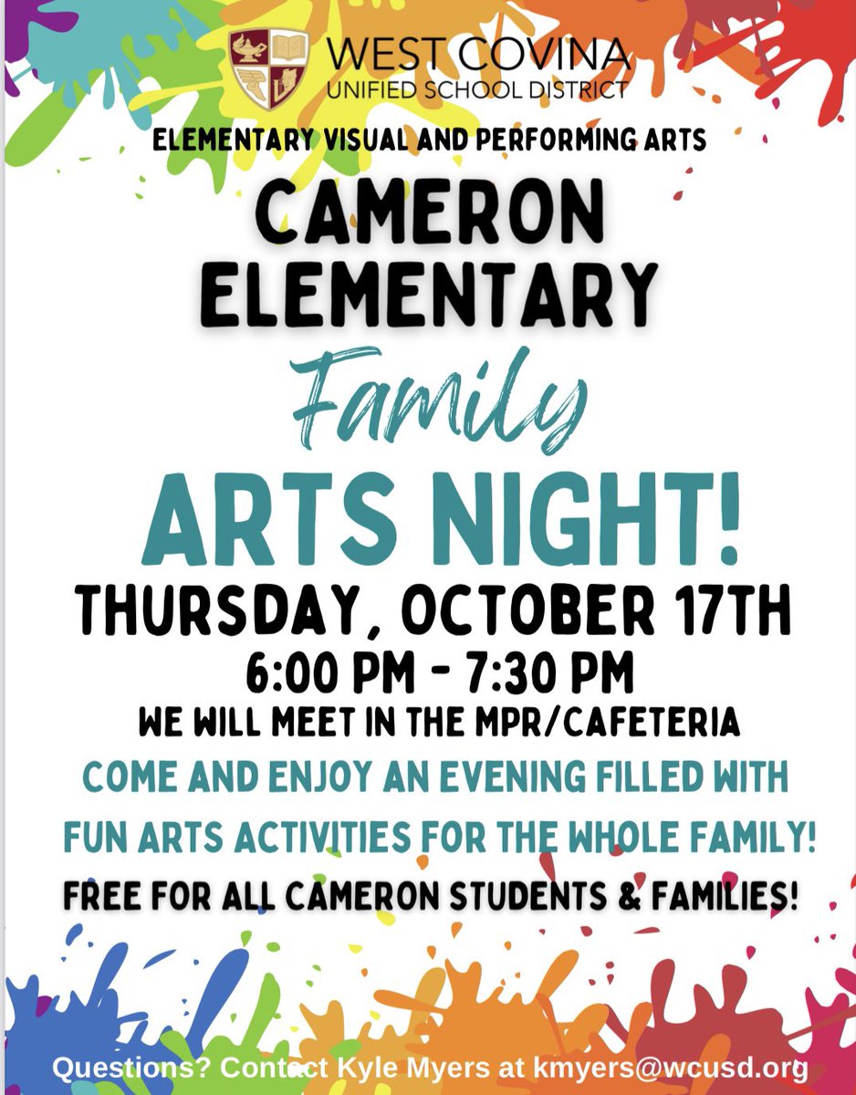 CameronWCUSD's tweet photo. Please join us for Cameron’s Family Arts Night! Bring the whole family and rotate through different Arts classes! @WestCovinaUSD https://t.co/EhAuPZ6eR4