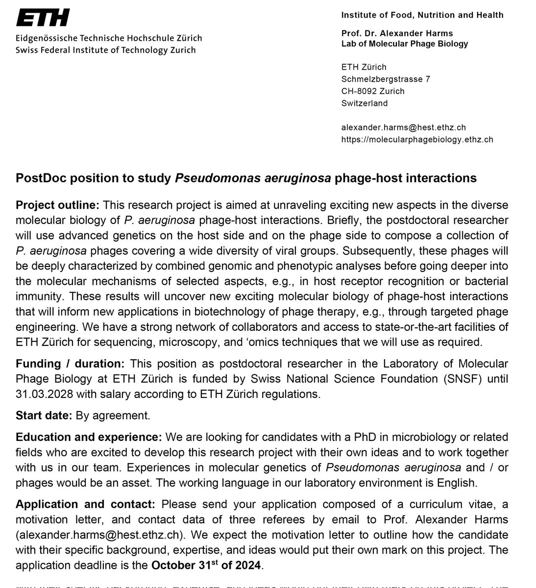 Alexander Harms (@aharms485) on Twitter photo You are looking for a PostDoc position or know someone who is? We are looking for someone to join our team at <a href="/ETH_en/">ETH Zurich</a> Zürich for a project on phage-host interactions of Pseudomonas aeruginosa 🦠🧬👇🏼 You are looking for a PostDoc position or know someone who is? We are looking for someone to join our team at <a href="/ETH_en/">ETH Zurich</a> Zürich for a project on phage-host interactions of Pseudomonas aeruginosa 🦠🧬👇🏼