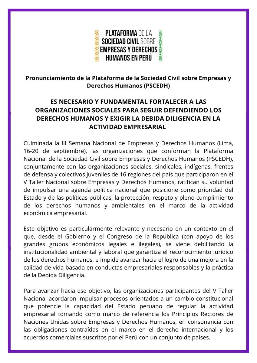 #PRONUNCIAMIENTO 
Desde la Plataforma Nacional de la Sociedad Civil sobre #Empresas y #DerechosHumanos, ratificamos el compromiso de impulsar una iniciativa legislativa ciudadana por una Ley de Empresas y DDHH y Debida Diligencia junto con una campaña sensibilización 📣
📌🧵1/5