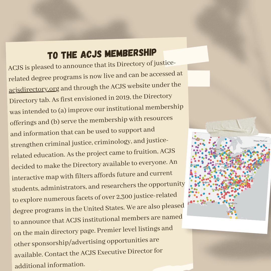The ACJS Directory is NOW live!
Learn more about Criminal Justice Degree Programs across the United States in form of an interactive map at acjsdirectory.org