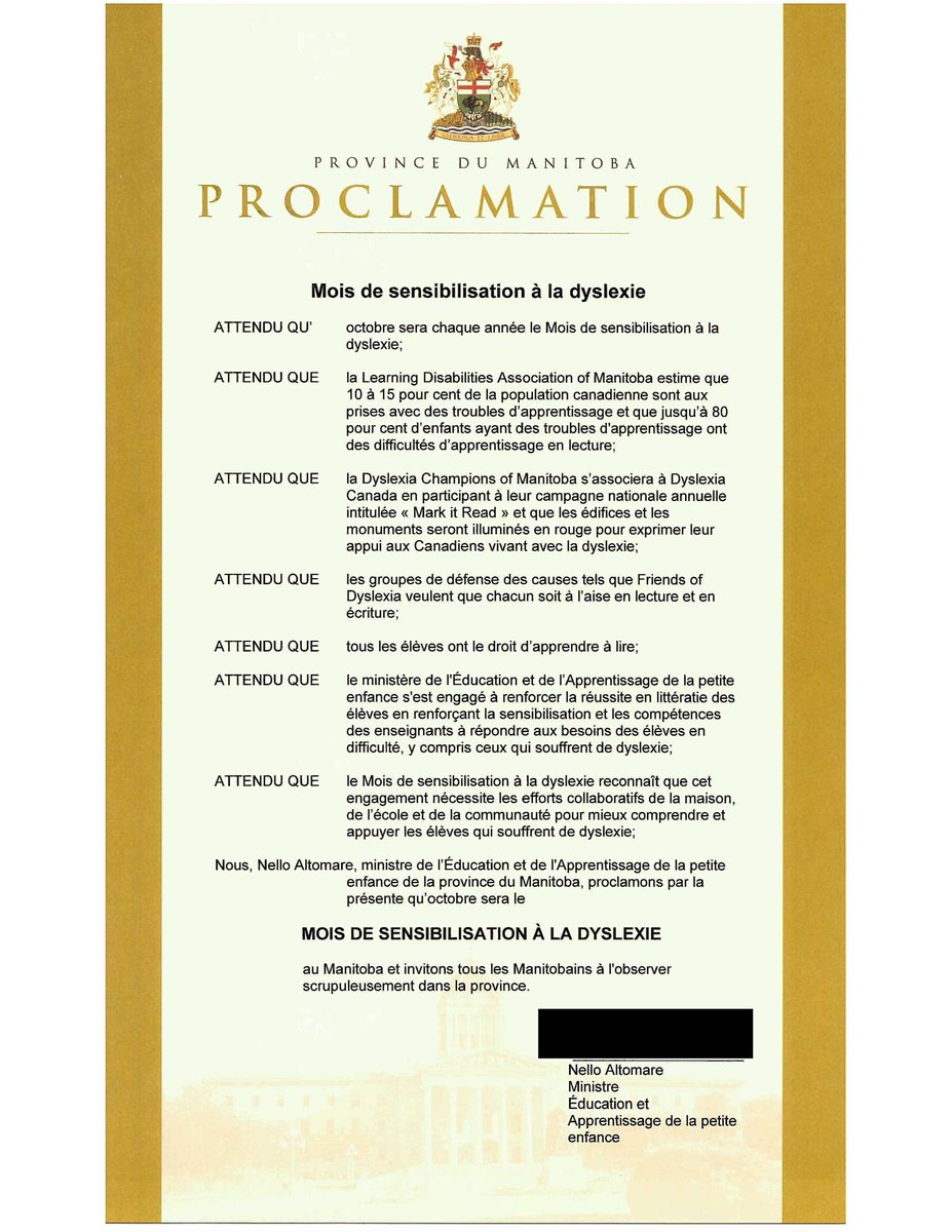 The Honourable @nello4transcona , Minister of Education &amp; Early Childhood Learning, has proclaimed October 2024 as “Dyslexia Awareness Month” in Manitoba. Dyslexia Awareness Month highlights the department’s commitment to strengthening student
literacy achievement through
