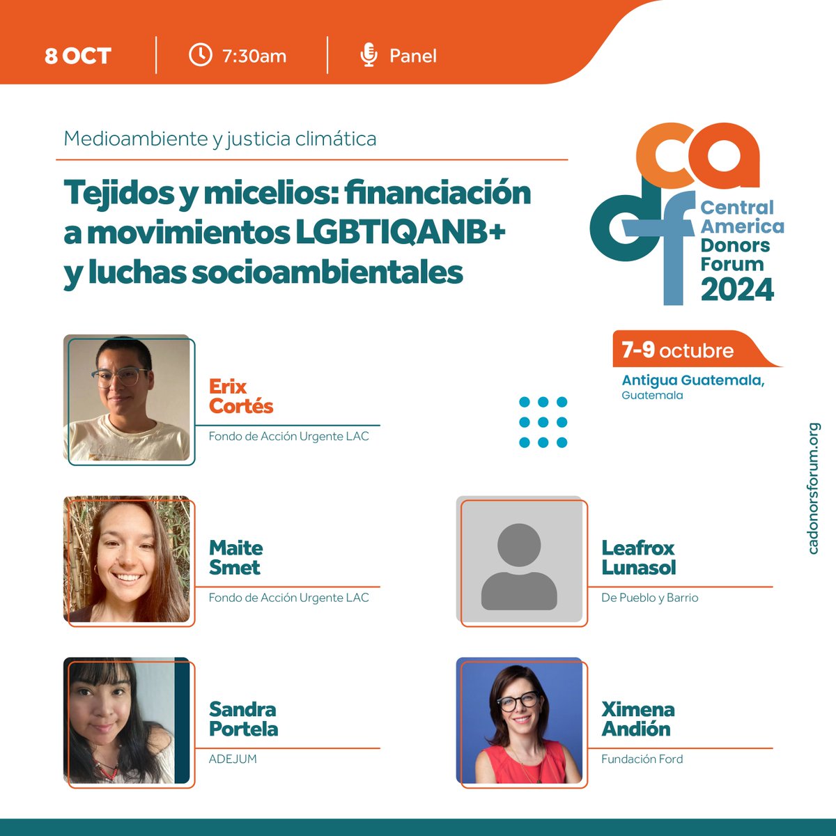 Seattle International Foundation (@seaif) on Twitter photo #JusticiaClimática en el #CADF2024
Panel
Fabric and Mycelia: Funding LGBTIQ+ and Socio-environmental Efforts
📔Agenda: cadonorsforum.org/agenda2024/
📕 English Agenda: cadonorsforum.org/en/2024agenda/
#AlianzasTransformadoras
<a href="/ximena_andion/">Ximena Andion Ibañez</a> <a href="/FordFoundation/">Ford Foundation</a> <a href="/depuebloybarrio/">De pueblo y barrio</a> <a href="/FAU_LAC/">Fondo Acción Urgente</a> #JusticiaClimática en el #CADF2024
Panel
Fabric and Mycelia: Funding LGBTIQ+ and Socio-environmental Efforts
📔Agenda: cadonorsforum.org/agenda2024/
📕 English Agenda: cadonorsforum.org/en/2024agenda/
#AlianzasTransformadoras
<a href="/ximena_andion/">Ximena Andion Ibañez</a> <a href="/FordFoundation/">Ford Foundation</a> <a href="/depuebloybarrio/">De pueblo y barrio</a> <a href="/FAU_LAC/">Fondo Acción Urgente</a>