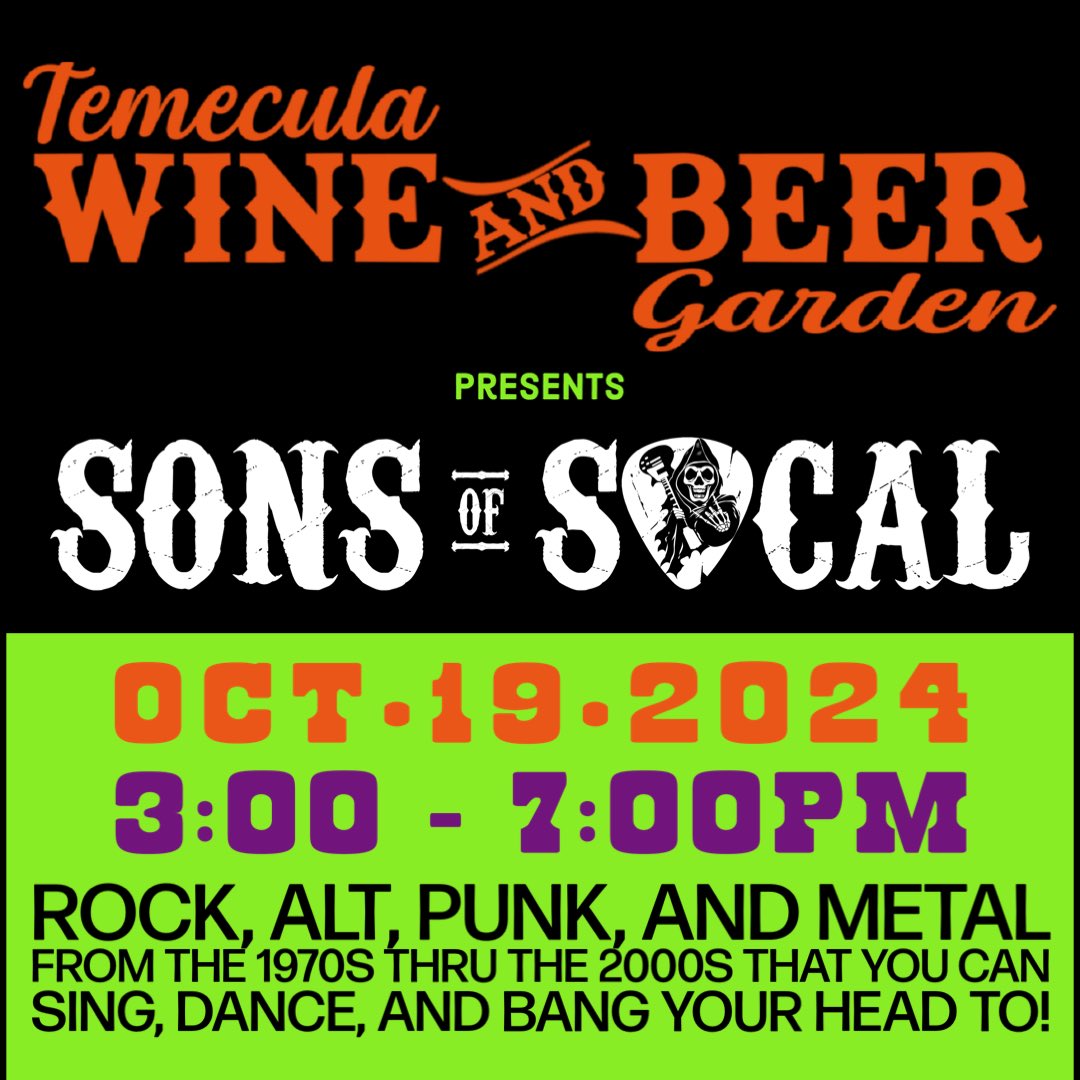 sonsofsocalband's tweet photo. #SaveTheDate! We will be back in Old Town gigging' at the Temecula Wine &amp; Beer Garden on October 19, 2024 from 3pm to 7pm. 🍻🤘🏼🎸🎤🥁🎶🧑🏽‍🎤

#beer #livemusic #coverband #Saturday #Oktoberfest #Halloween https://t.co/NPkXHsoYYI