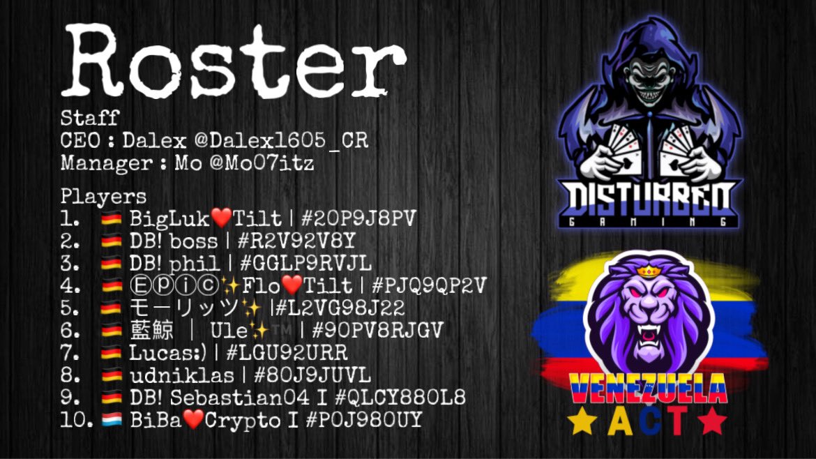 Disturbed Gaming (@disturbedcr) on Twitter photo Lets get ready to rumble 😎
Roster for the competition
<a href="/VenezuelaAct_CR/">VenezuelaAct</a> X @PhantomCRL
#bedisturbed Lets get ready to rumble 😎
Roster for the competition
<a href="/VenezuelaAct_CR/">VenezuelaAct</a> X @PhantomCRL
#bedisturbed
