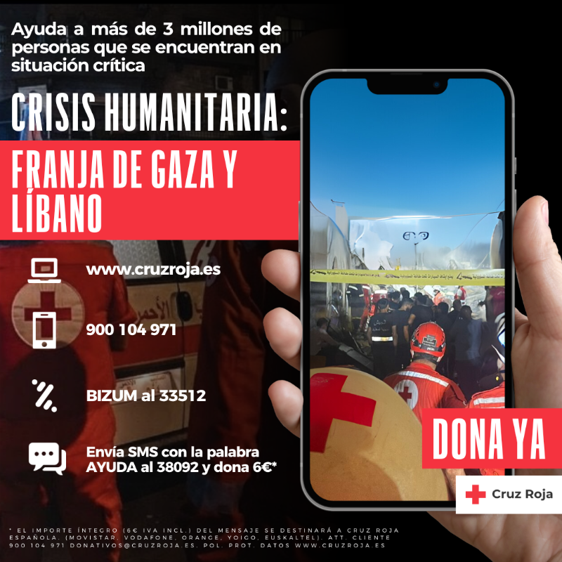 CruzRojaEsp's tweet photo. La crisis humanitaria en Líbano y la Franja de Gaza está empeorando. A pesar del continuo trabajo de nuestros equipos sobre el terreno, más de 3 millones de personas se encuentran en una situación crítica. Necesitan tu ayuda. Si puedes, colabora.