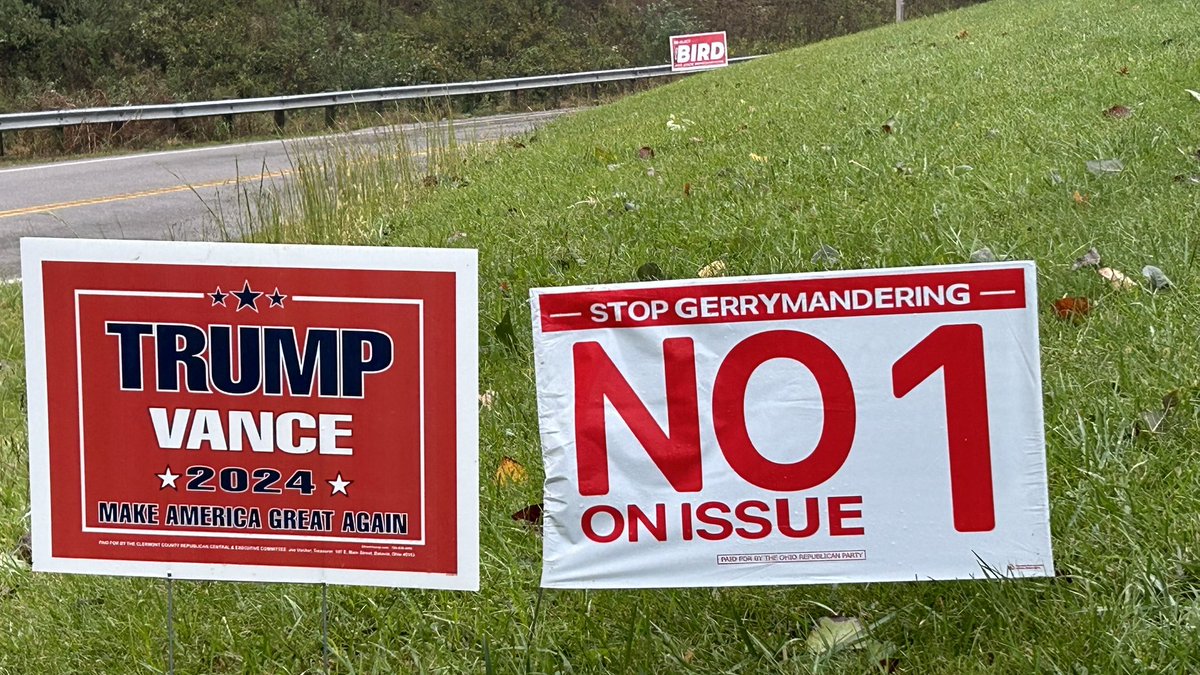 AdamCBird's tweet photo. VOTE NO on Issue 1 signs are popping up all over Ohio next to Trump signs.  Trump is asking Ohioans to VOTE NO on Issue 1 because it legalizes gerrymandering for the left. Follow the money… $25 million in out-of-state donations for Issue 1. Protect Ohio by voting NO. 🇺🇸 https://t.co/cYAW1kY38S