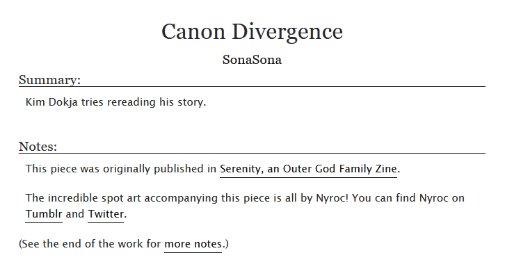 My piece from Serenity, an Outer God Family Zine!

The incredible spot art accompanying this work is by <a href="/dsssctd_ion/">nyroc pt deux</a>. She took my fic to a whole new level!

🤎archiveofourown.org/works/59332045