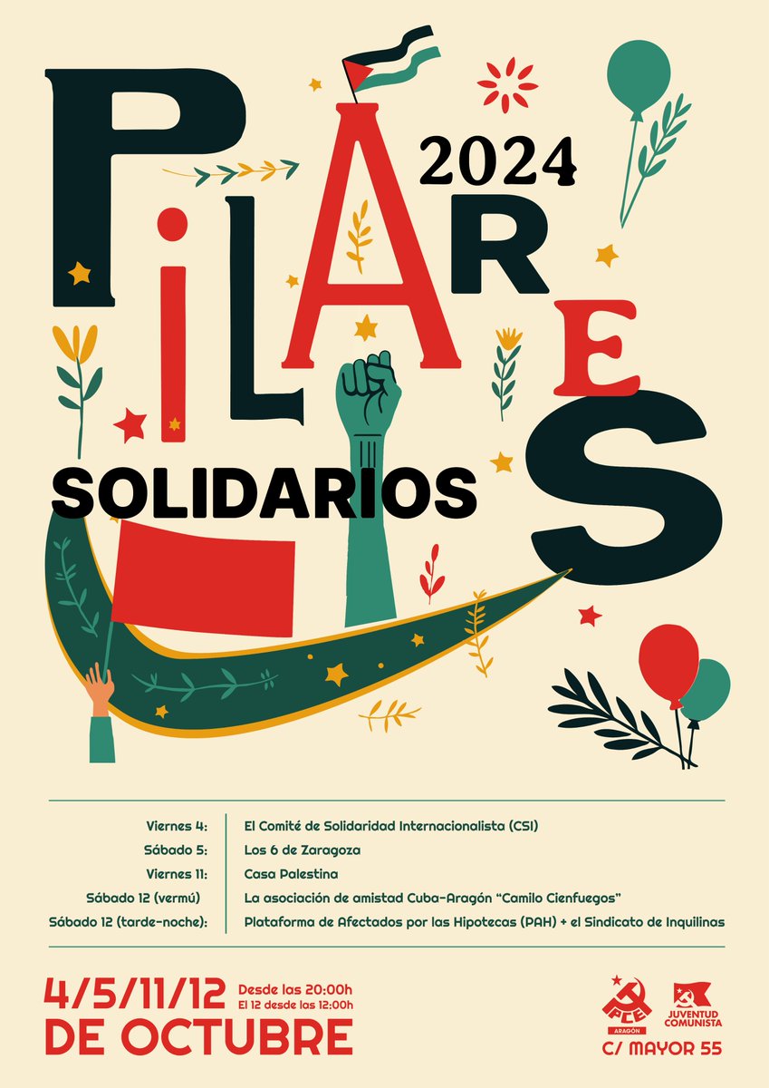PCEAragon's tweet photo. En los #PilaresSolidarios2024 disfrutamos del ocio, pero también se recaudan fondos para movimientos sociales y espacios de organización popular.

Este año nos acompañarán el CSI, @Libertad6Zgz, @Casapalestina_ , la asociación Camilo Cienfuegos, @pahzaragoza e @InquilinasZgz ✊. https://t.co/1HbuhIytnC