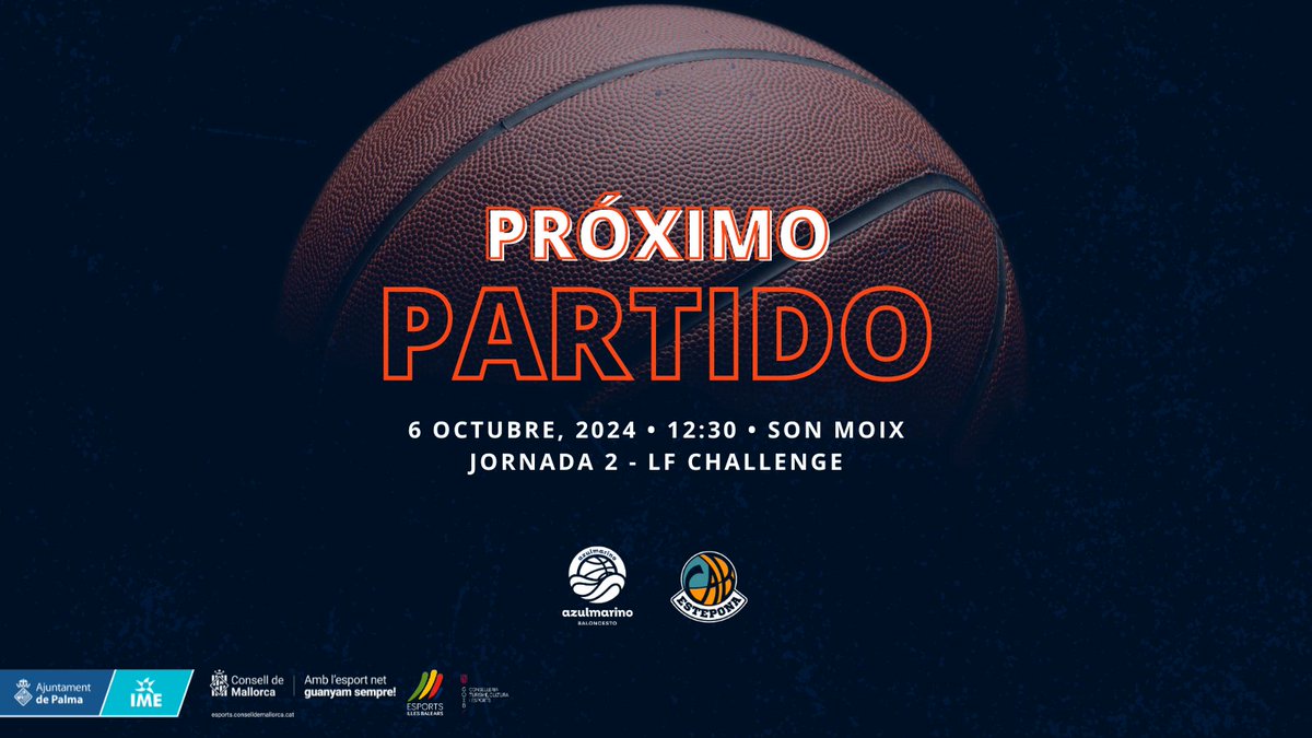 🏀PRÒXIM PARTIT! 🦈
 
💙 Este finde, ¡primer partido en casa! 💙
 
Consigue tus entradas aquí 👉 bit.ly/3BsXTAa
 
JORNADA 2 #LFChallenge
🗓 Domingo 6/10
🕢 12:30
🆚
<a href="/cabestepona/">C.A.B. ESTEPONA</a>
 
📍🏠 𝐒𝐎𝐍 𝐌𝐎𝐈𝐗
📺 CANAL FEB Tv
 
#SumatAlRepte #TeamBuron #AzulMarinoMallorca