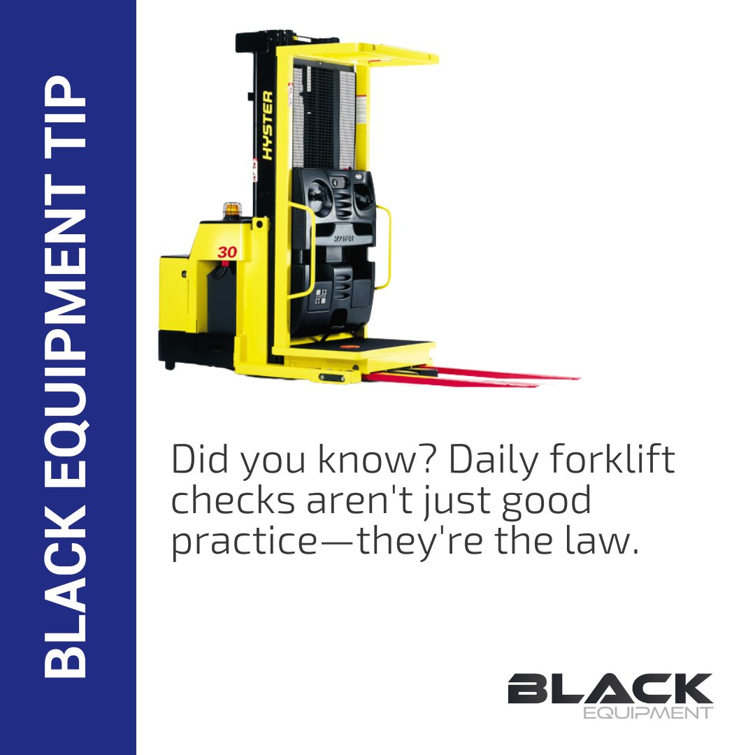 blackequipco's tweet image. Did you know? Daily forklift checks aren't just good practice—they're the law.

Protect your team, your equipment, and your business. 

Need help setting up your daily inspection routine? 

blackequipment.com/service/equipm…

#ForkliftSafety #OSHACompliant #BlackEquipmentCares