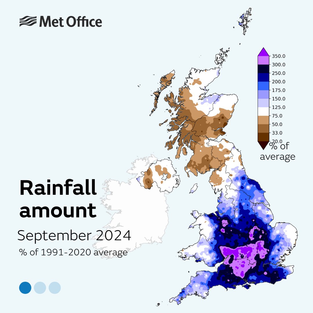 metoffice's tweet image. ☔️ September 2024 has been the wettest September on record for some counties, according to provisional Met Office statistics.

Get the details in the Press Release below, or read this short thread 👇🧵