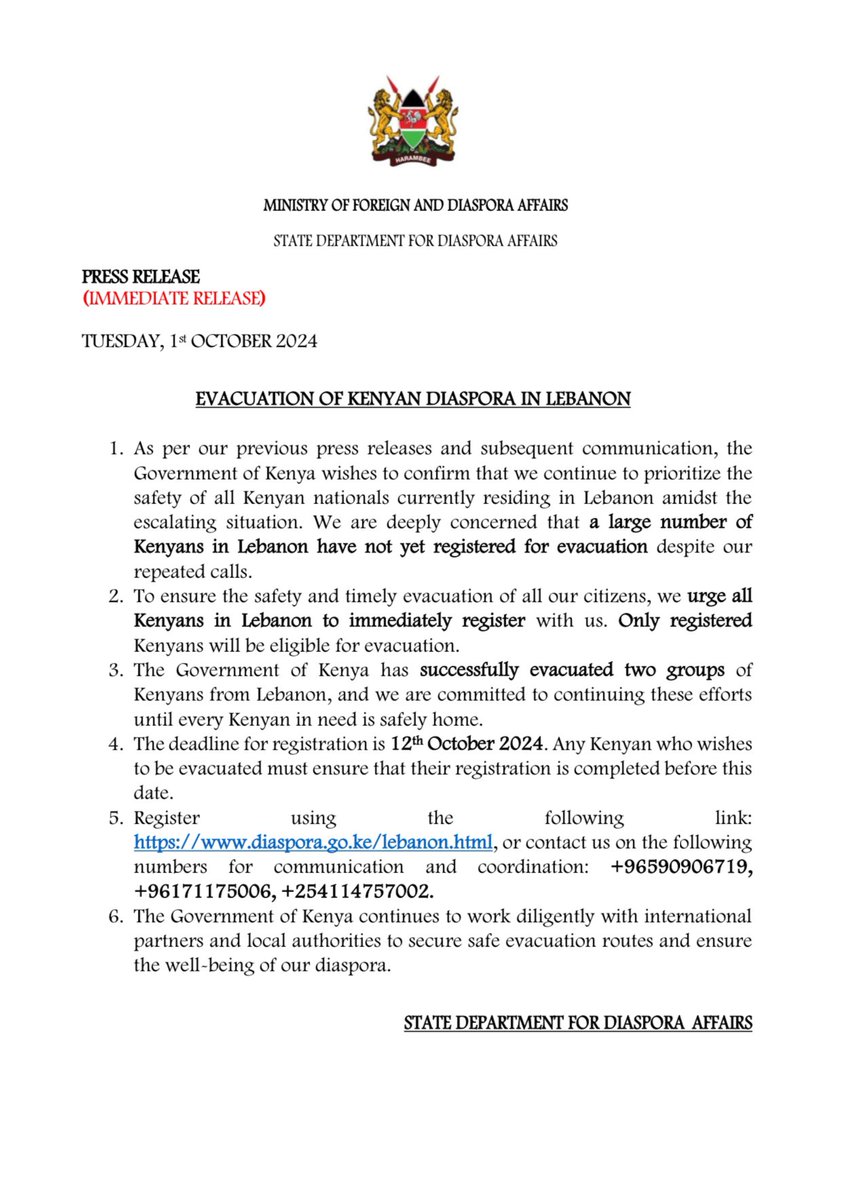 📣 NOTICE TO KENYANS IN LEBANON! 📣
Register here diaspora.go.ke/lebanon.html