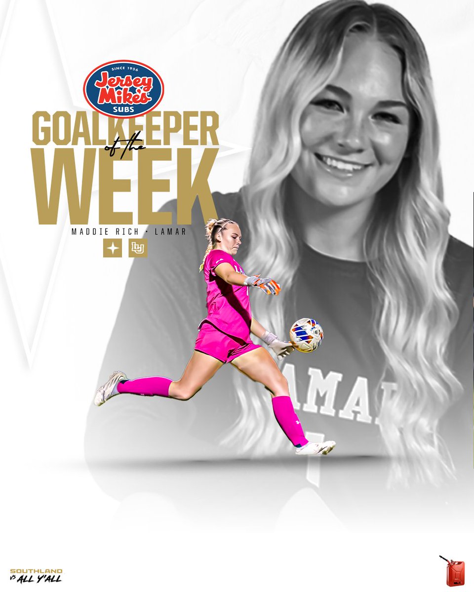 Southland Conference (@southlandsports) on Twitter photo Can't Get Past Her 🚫
She saved 12 shots in two shutouts for the Cardinals last week.
Congratulations to Maddie Rich, your <a href="/jerseymikes/">Jersey Mike's Subs</a> SLC Goalkeeper of the Week!
#GTL Can't Get Past Her 🚫
She saved 12 shots in two shutouts for the Cardinals last week.
Congratulations to Maddie Rich, your <a href="/jerseymikes/">Jersey Mike's Subs</a> SLC Goalkeeper of the Week!
#GTL