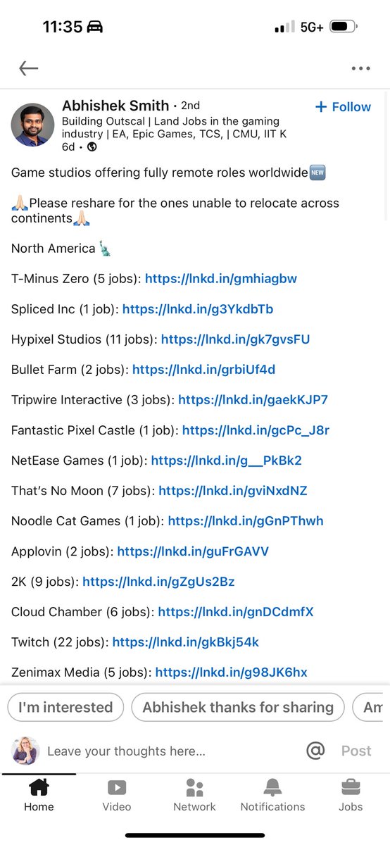For those recently impacted by the Hi-Rez layoffs, here’s an excellent post (and acct to follow) with remote jobs in games. 

linkedin.com/posts/abhishek…