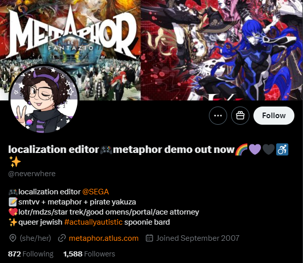 Scratch_Point_Z's tweet photo. This does not bode well for the localization quality of Metaphor: ReFantazio. Whenever the usual suspects are at the helm, one can always expect a particular unsavory "flavor" added to the script. Definitely one to keep an eye on. https://t.co/mRk2knP5P7