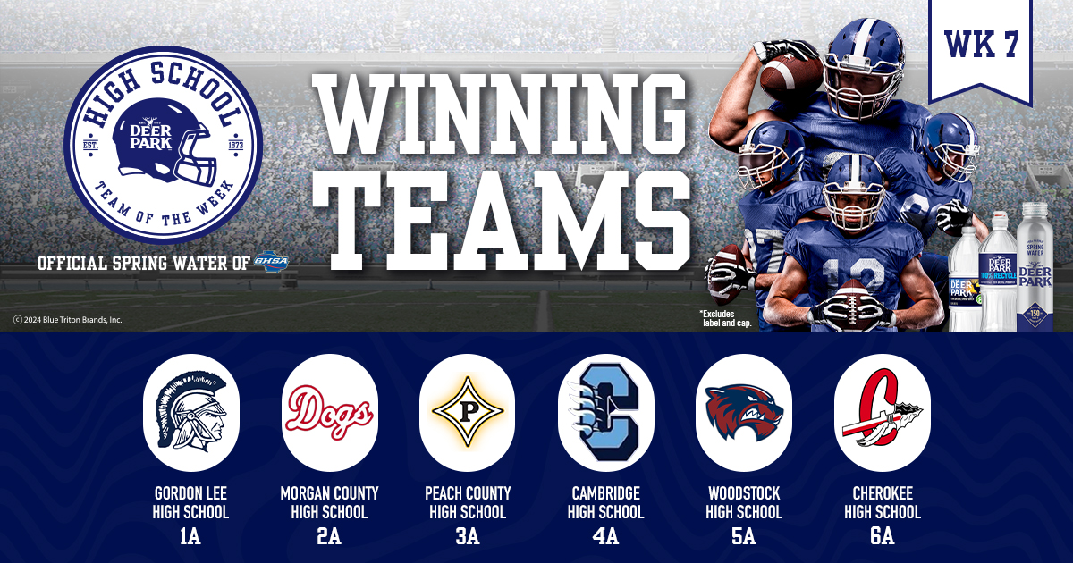 Congratulations to Week 7 Deer Park Team of the Week winners! 
<a href="/DeerParkWtr/">Deer Park®</a> 👏🏈
1A: <a href="/GLHSAthletics/">Gordon Lee Athletics</a>
2A: <a href="/MorganCounty_FB/">Morgan County Football</a>
3A: <a href="/AthleticsPeach/">Peach County Athletics</a>
4A: <a href="/Cambridge_AD/">Cambridge Athletics</a>
5A: <a href="/WoodstockFtball/">𝙒𝙊𝙊𝘿𝙎𝙏𝙊𝘾𝙆 𝙁𝙊𝙊𝙏𝘽𝘼𝙇𝙇</a>
6A: <a href="/CHS_Warriors/">Cherokee HS Warriors</a>
