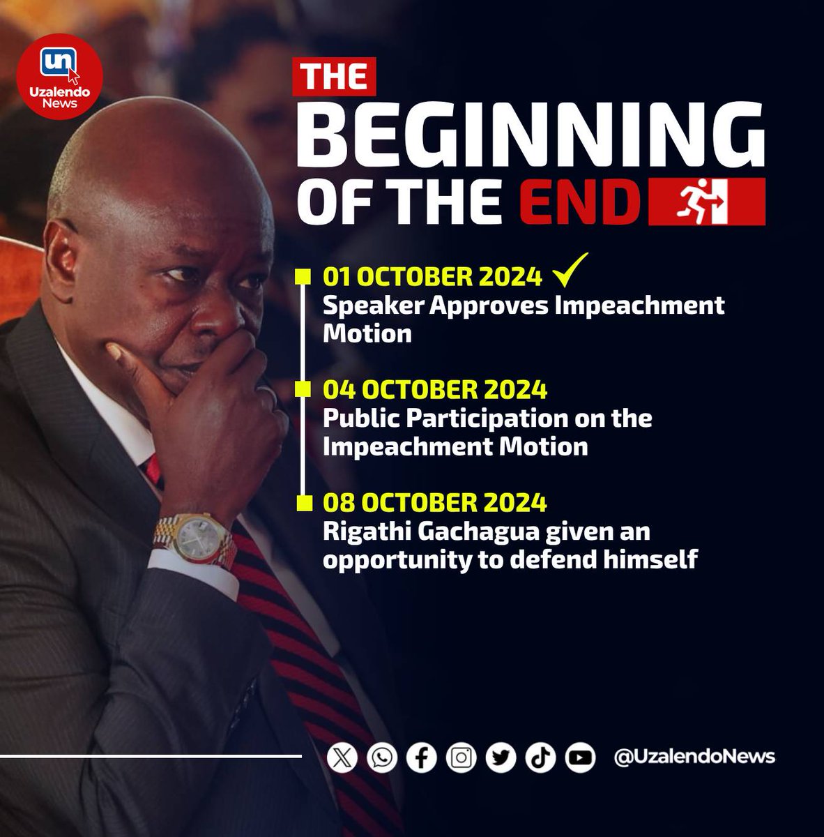 UzalendoNews_KE's tweet photo. Here are the timelines of Rigathi Gachagua's week of torment; Deputy President to defend himself next week

#GachaguaImpeached  #Kenya https://t.co/KnfH5CoaiA