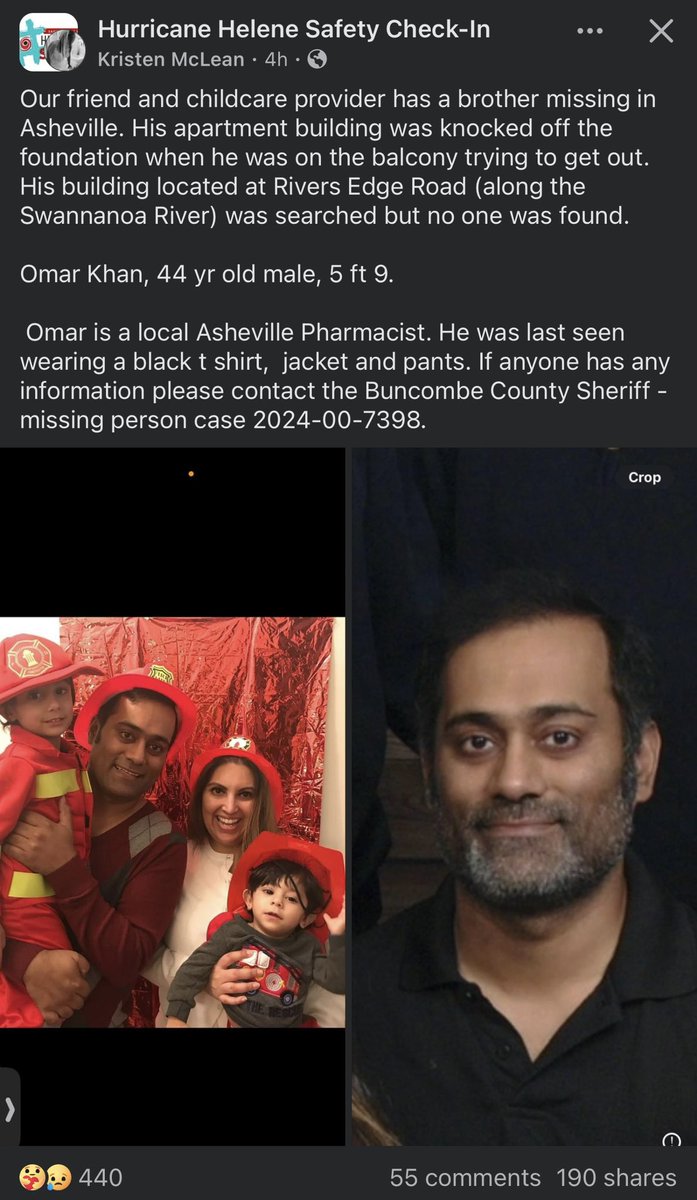 Omar Khan (44) is missing from Asheville, NC. He is a local pharmacist. His apartment building was knocked off the foundation while he was trying to escape. #HurricaneHelene #missingperson