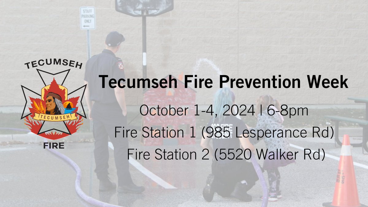 Tecumseh Fire is excited to celebrate Fire Prevention Week, on October 1-4 from 6-8 pm at Fire Stations 1 &amp; 2. Join Tecumseh Fire for Fire Truck rides, meeting Sparky, displays and fire safety demonstrations for all ages to enjoy and meet all your local Tecumseh firefighters.🚒🔥