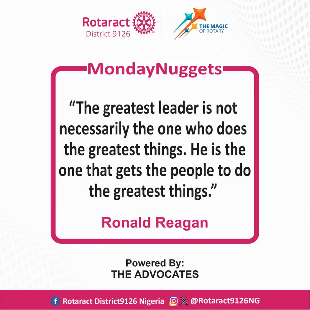 Rotaract9126NG's tweet image. MONDAY NUGGET 😍

The greatest leader is not necessarily the one who does greatest things. He is the one that gets the people to do the greatest things.

Good morning and Wishing you all a joyful start to the new week🩷

Follow us on all Social media: linktr.ee/Rotaract9126NG