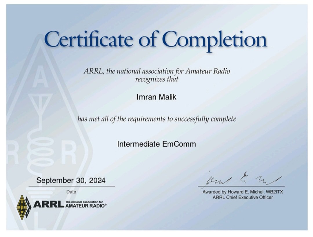 I have successfully completed the ARRL Intermediate Emergency Communications (EmComm) course, gaining valuable knowledge in emergency communication strategies and protocols.

#ARRL #EmComm #EmergencyCommunications #HamRadio #DisasterPreparedness #RadioOperator #AmateurRadio <a href="/arrl/">ARRL</a>