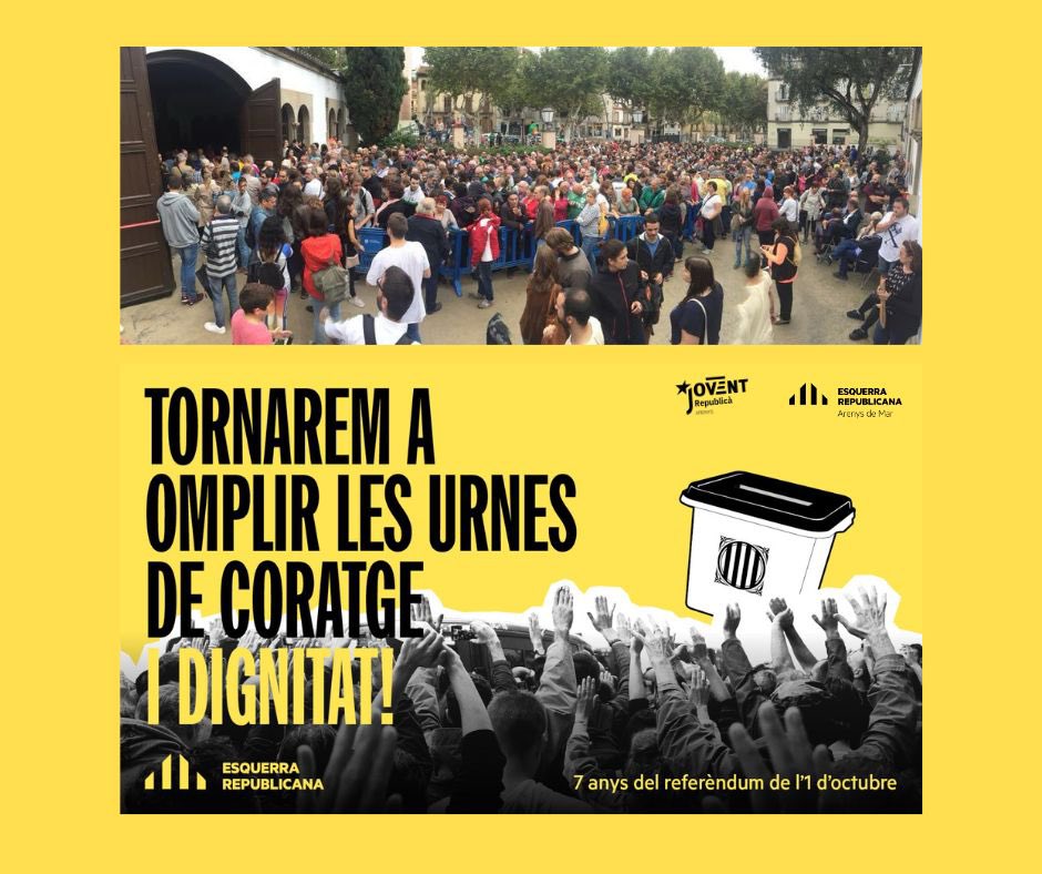 ￼
#1O Commemorem el setè aniversari del referèndum de l'1 d'octubre. Continuem lluitant per assolir la #RepúblicaCatalana de drets i llibertats per a tothom!