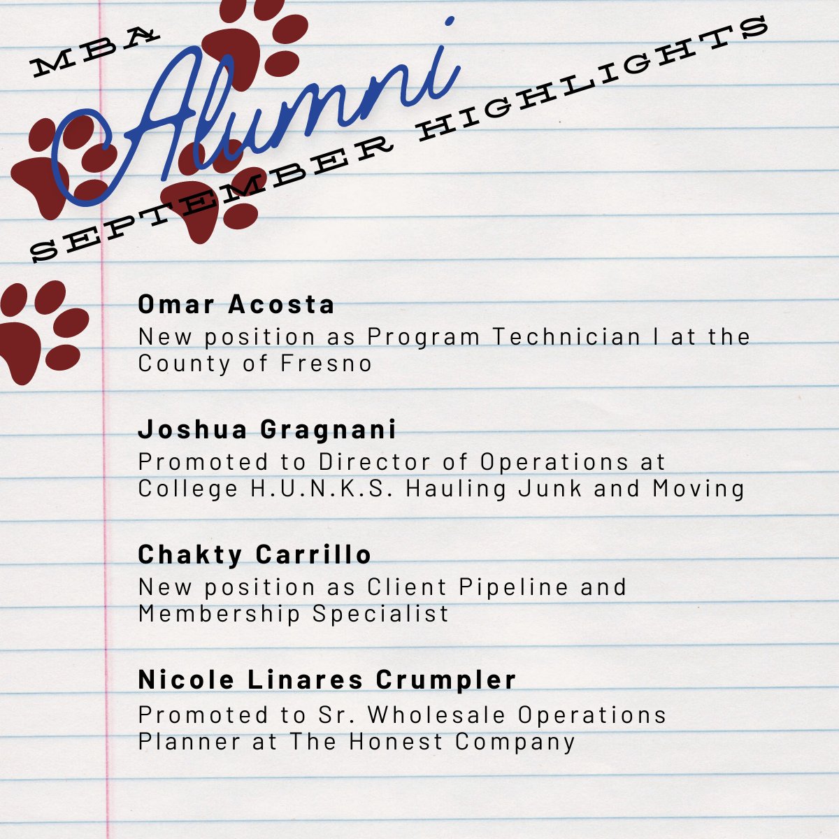 FresnoStateMBA's tweet photo. 🐾Celebrating MBA achievements! Congratulations to our MBA Alumni who have earned promotions &amp; new positions in the month of September🐾

#MBA #CraigSchoolProud #CraigSchoolofBusiness #FresnoState
@FresnoStateBiz https://t.co/HeXW3ZUGVj