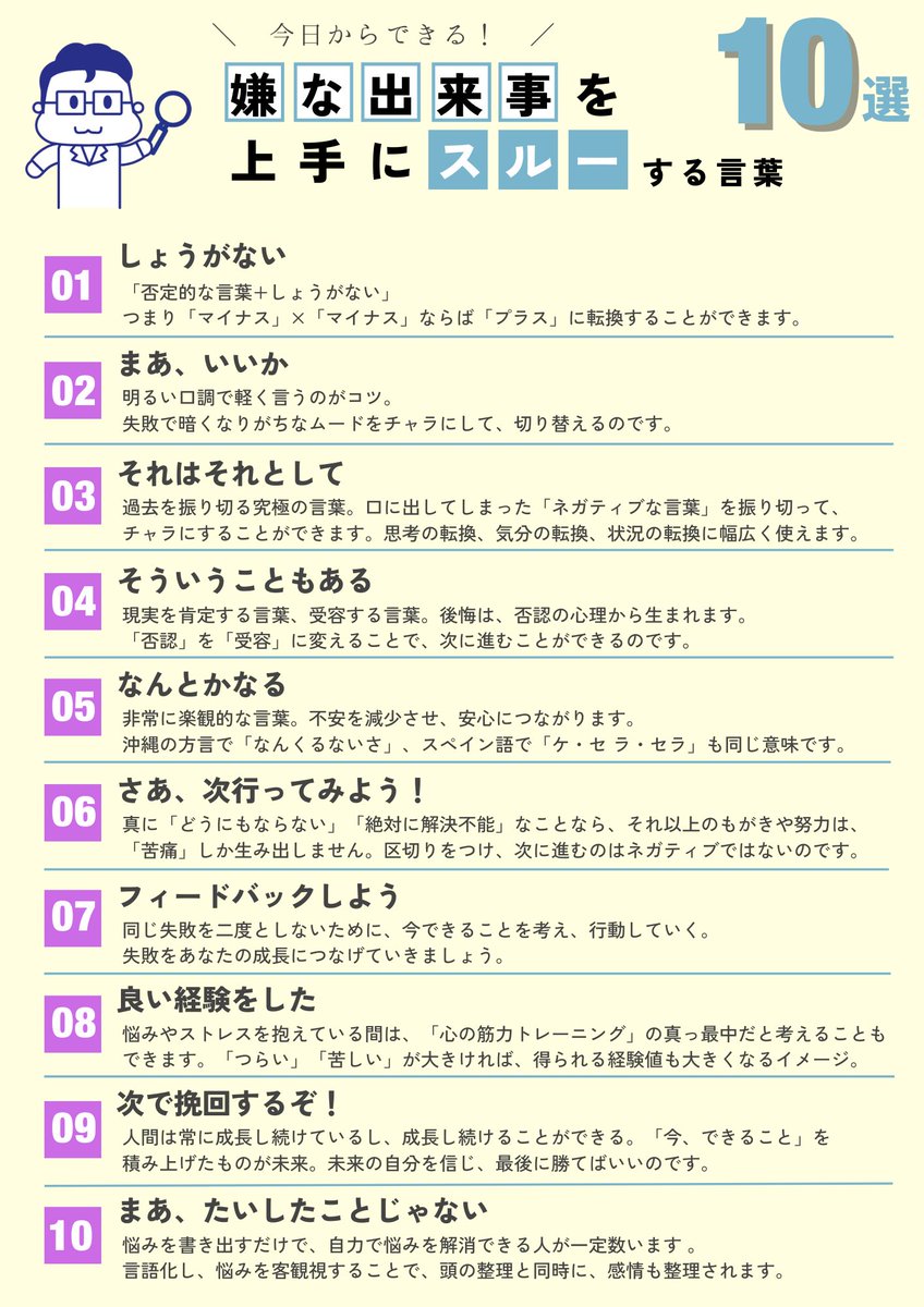 kabasawa's tweet photo. 嫌なことがあった時、声に出してアウトプットしてほしい言葉をまとめました。 https://t.co/78mBdo7a74