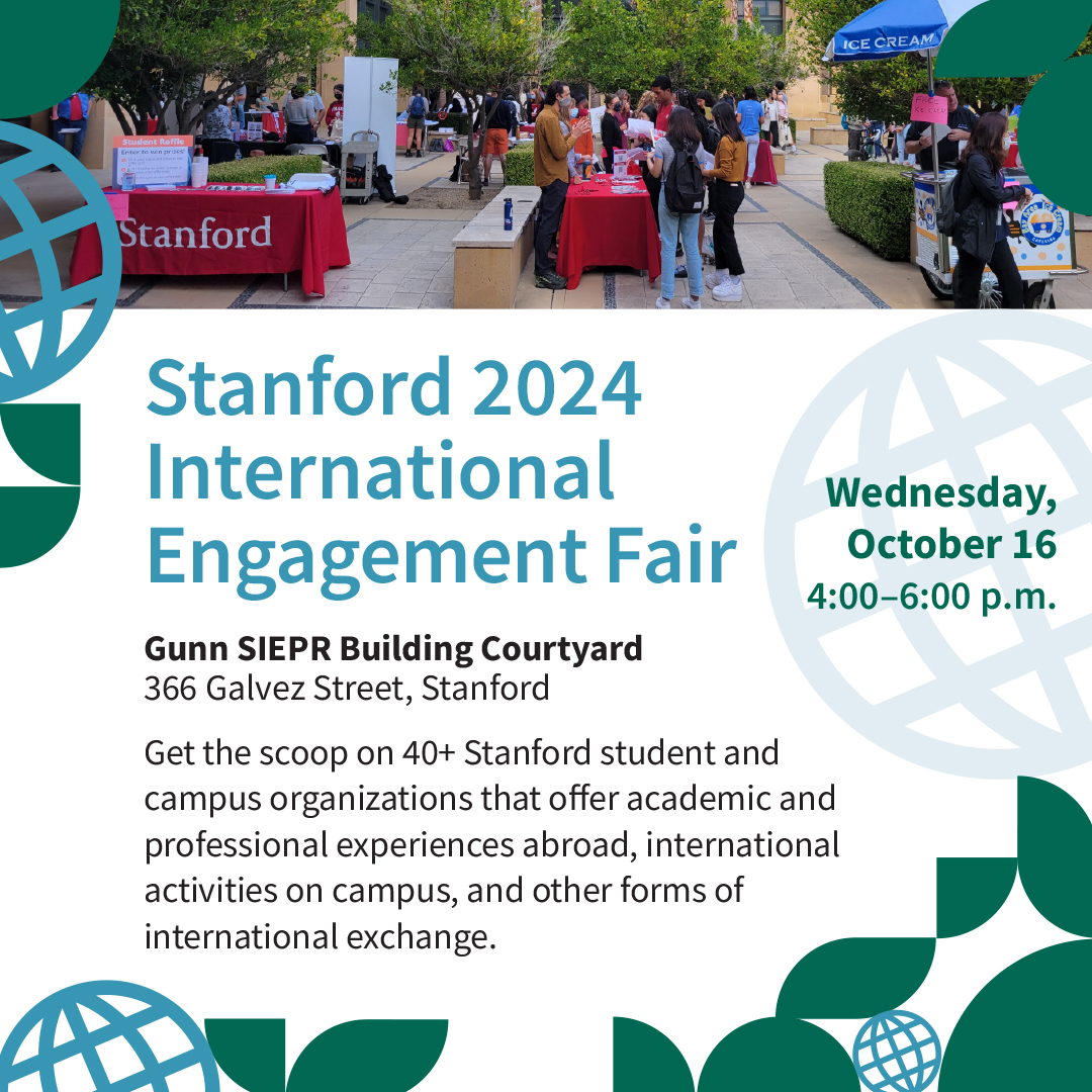 🌎On Wed, Oct. 16, Stanford students are invited to attend the 2024 International Engagement Fair to learn about 40+ campus organizations that offer students international academic and professional experiences abroad and on campus!

🔗RSVP: shorturl.at/my7gC